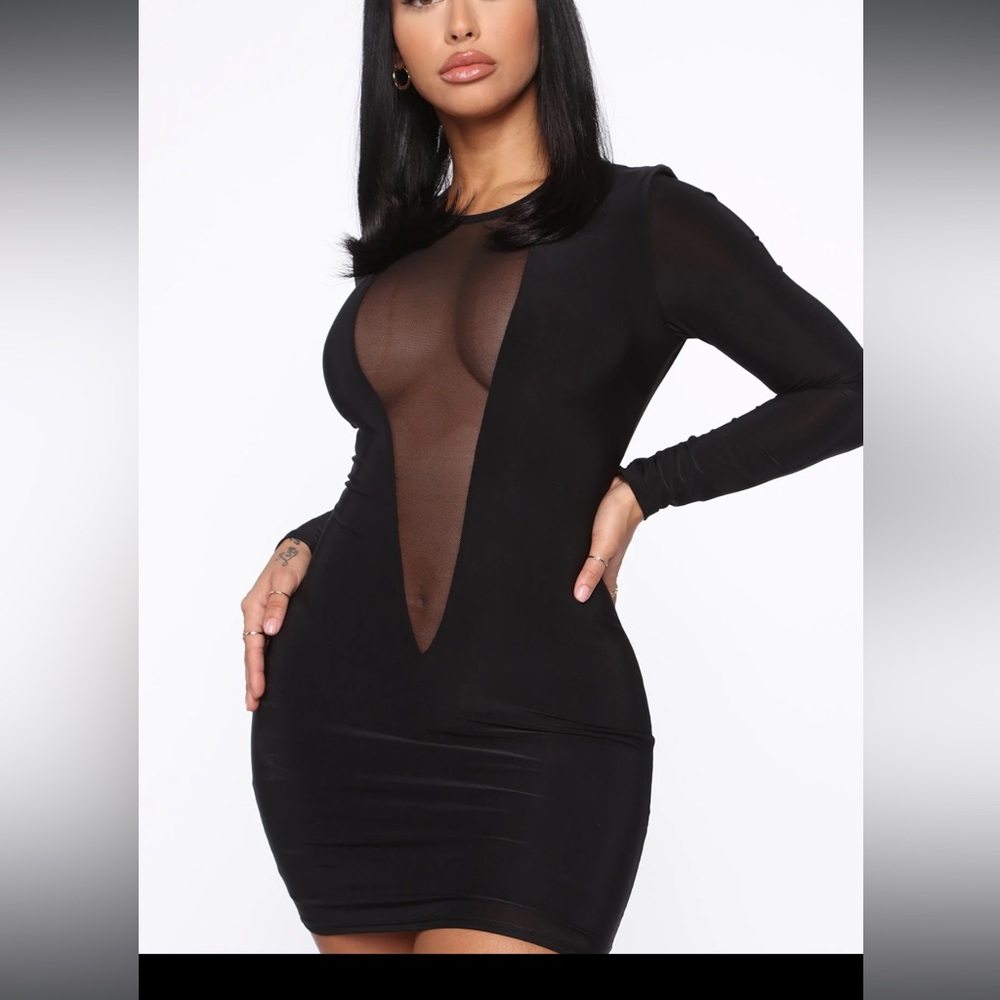 Solid Deep V-Neck Mesh Long Sleeve Mini Dress